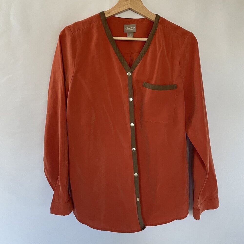 Chico's vintage orange button down top 70s felt trim women's size 1 modal shirt